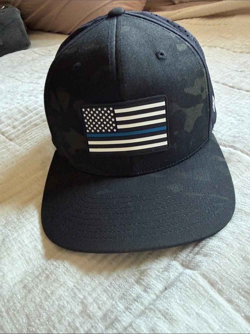Black Thin Blue Line Flag Camouflage Snapback Hat